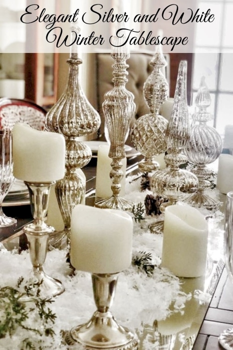 Elegant Silver and White Winter Tablescape graphic for Pinterest