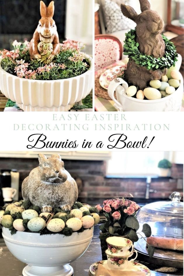 Bunnies in a Bowl Easter Decor Pinterest graphic
