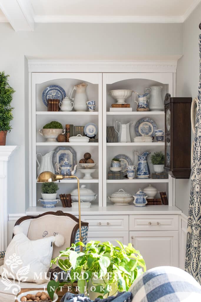 Blue and white dishes in a bookcase