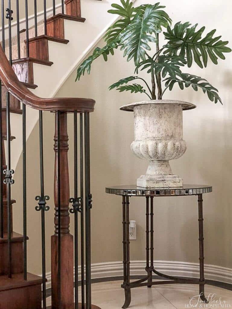 Tropical plant in urn on entryway table
