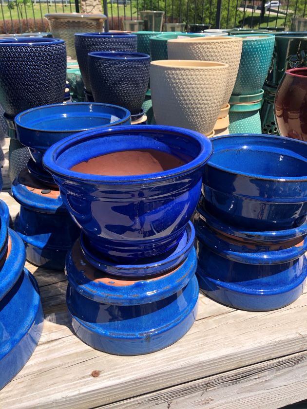 blue garden pots