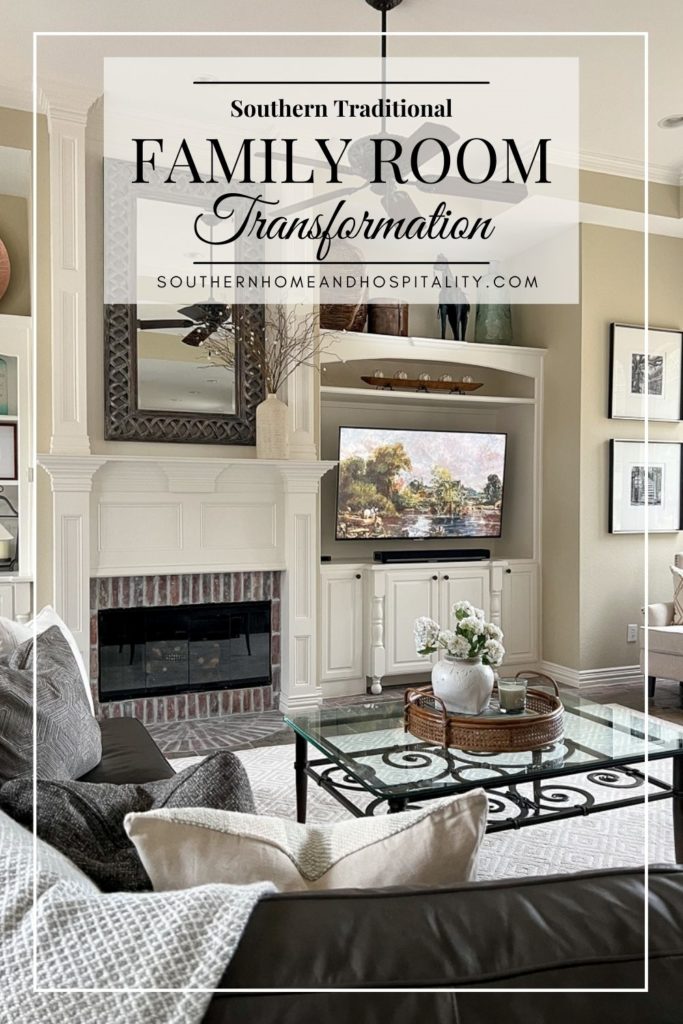 Southern traditional family room transformation Pinterest graphic
