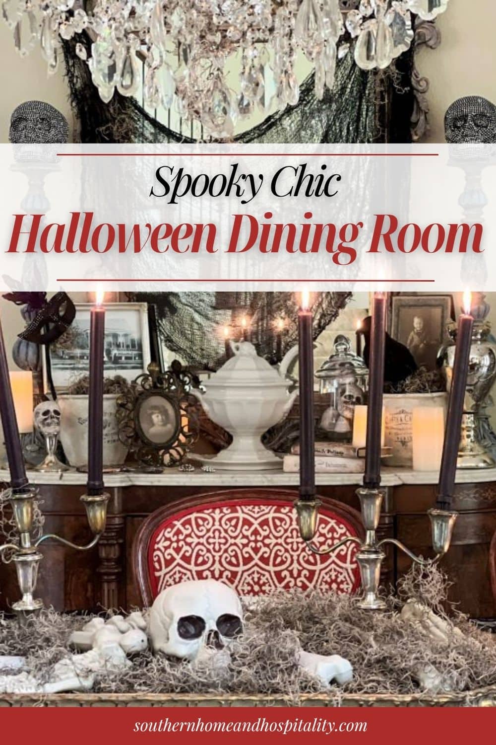 Spooky chic Halloween dining room with a Southern Gothic tablescape, black candles, skeleton decor, vintage silver, and witch hats.