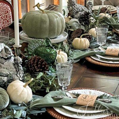 Green, Silver, and White Thanksgiving Tablescape