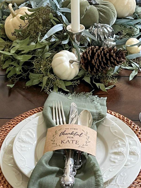 Thanksgiving dinner place setting with personalized napkin ring