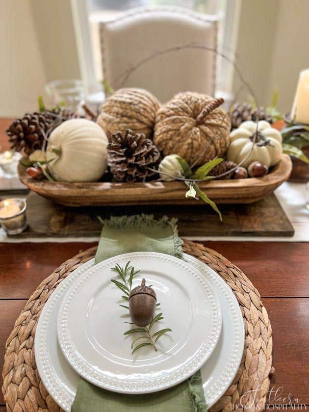 fall dough bowl centerpiece and place setting with white dishes