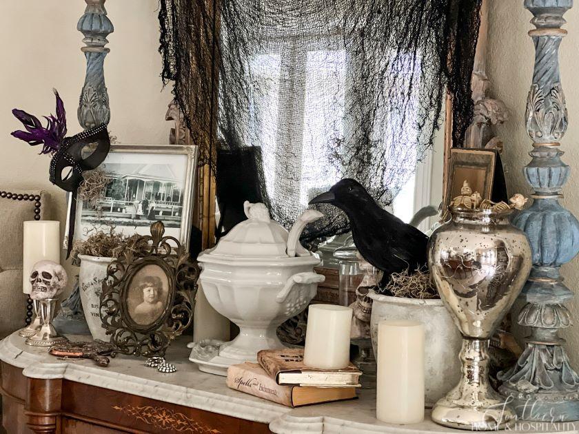 spooky chic southern gothic Halloween dining room sideboard