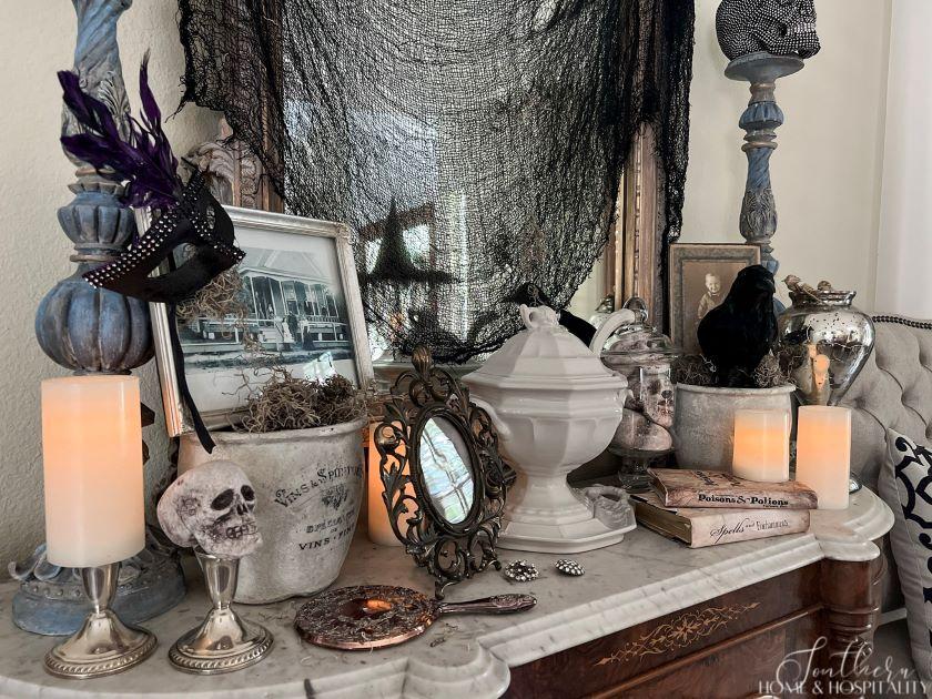 southern gothic sideboard decorated for Halloween