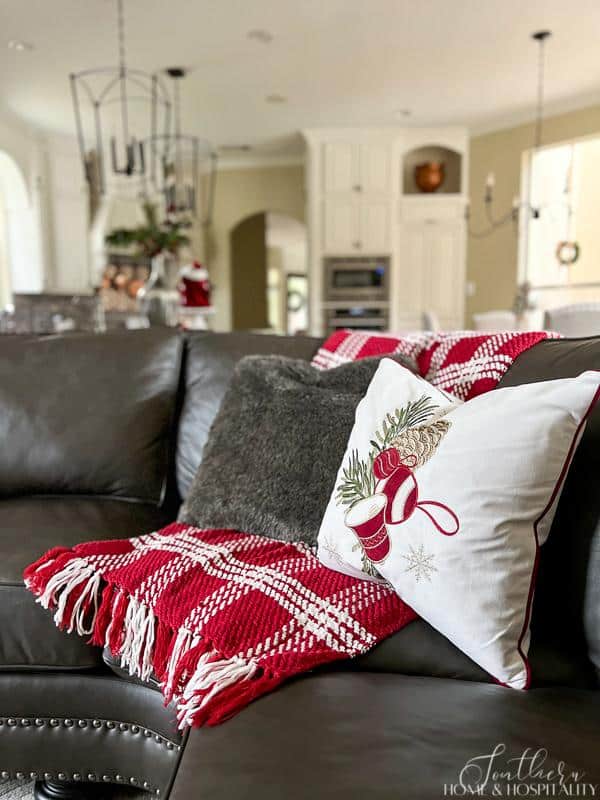 red and white plaid throw blanket, Christmas pillow