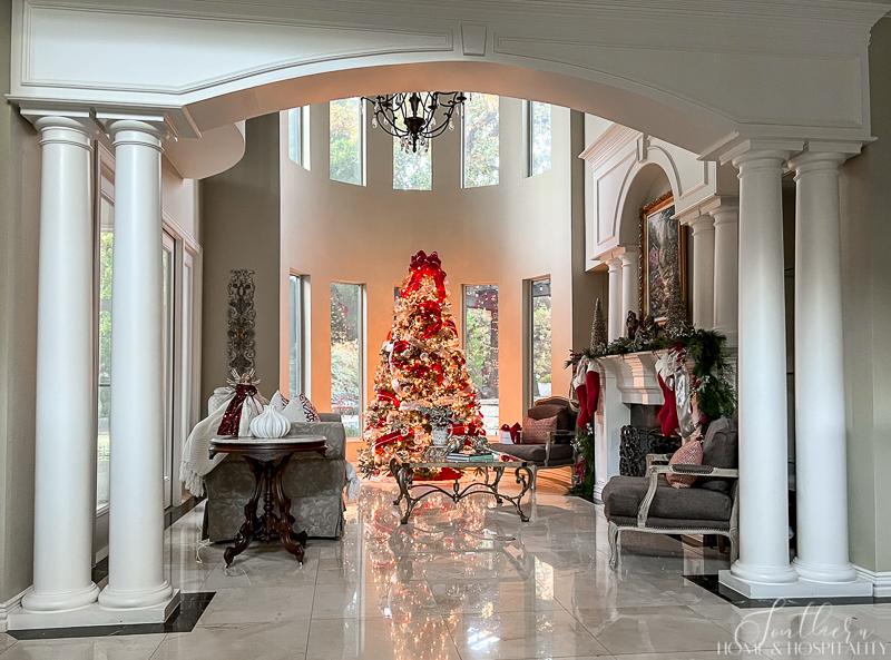 traditional living room with red and white Christmas decorations