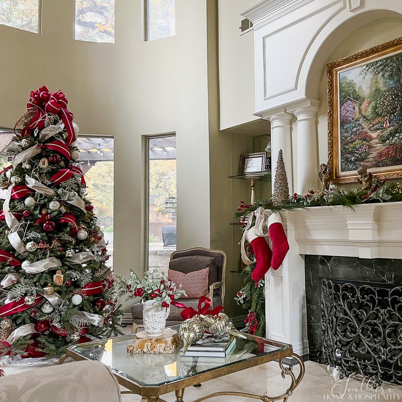 traditional living room with red and white Christmas decorations