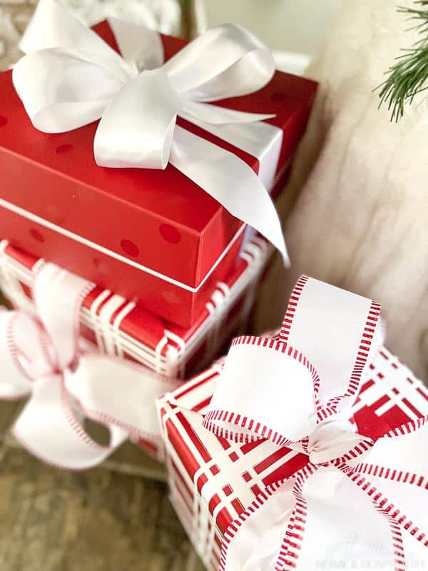 red and white gifts with bows