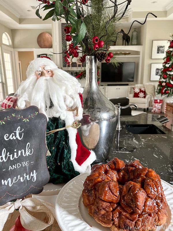 Cinnamon roll monkey bread, Santa and eat drink and be merry chalkboard sign