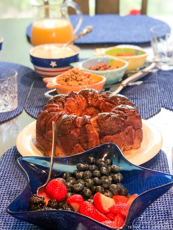 Cinnamon roll pull apart bread, July 4 breakfast, fruit in star shaped dish