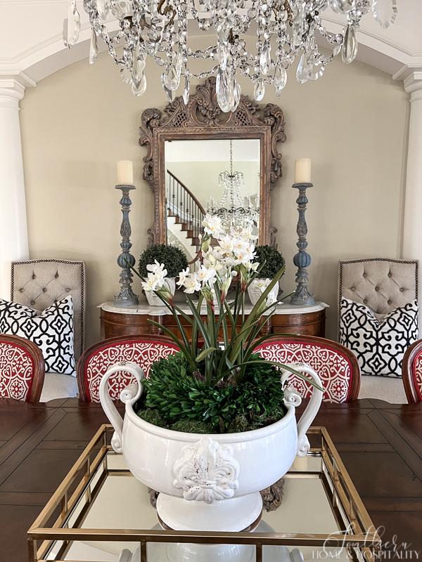 Paperwhites and boxwood centerpiece