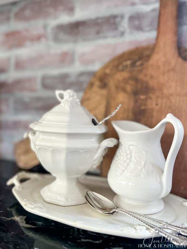 Redcliff ironstone mini sauce tureen and creamer decorating kitchen counter