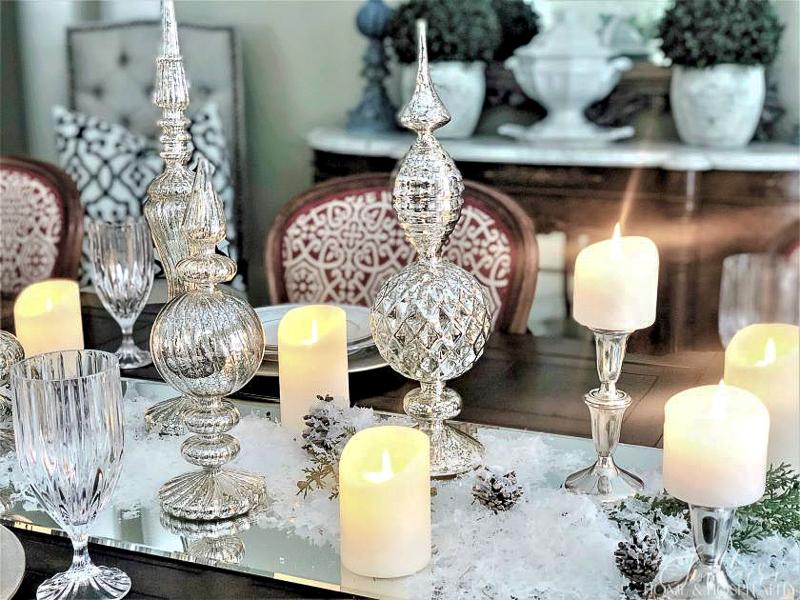 Winter table decor with mercury glass