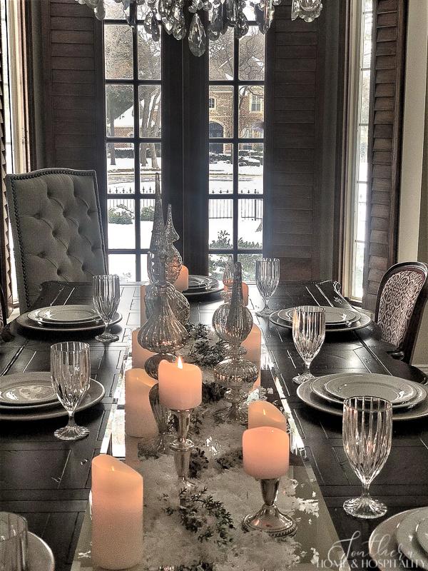elegant silver and white winter tablescape
