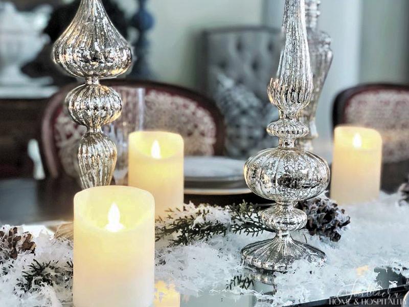 Mercury glass and flameless candles in a winter centerpiece