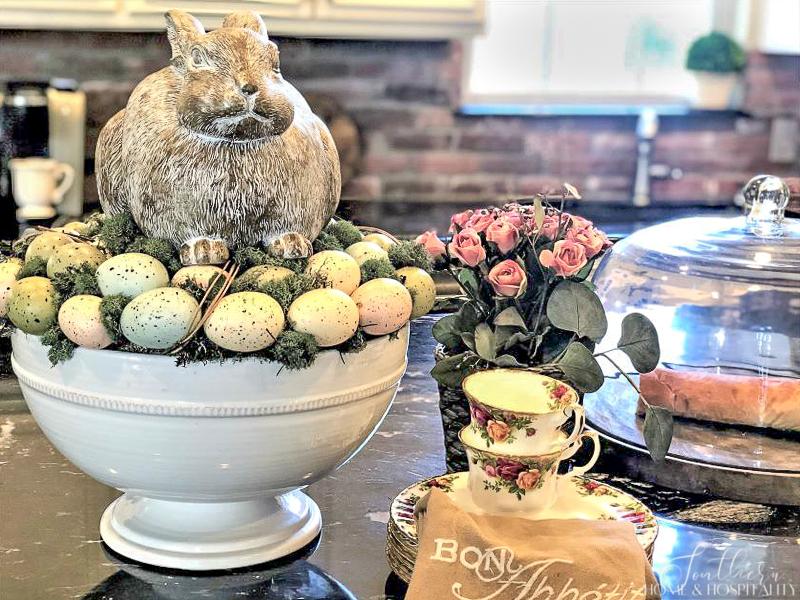 Spring kitchen island decorating with bunny and eggs in bowl