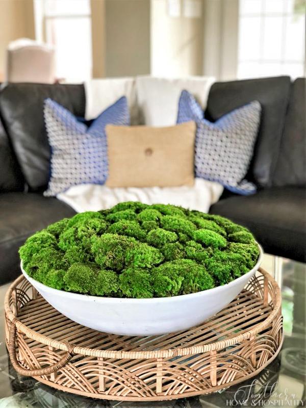 summer decorating with a moss bowl