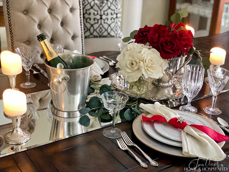 Elegant silver, red, and white Valentine's Day centerpiece