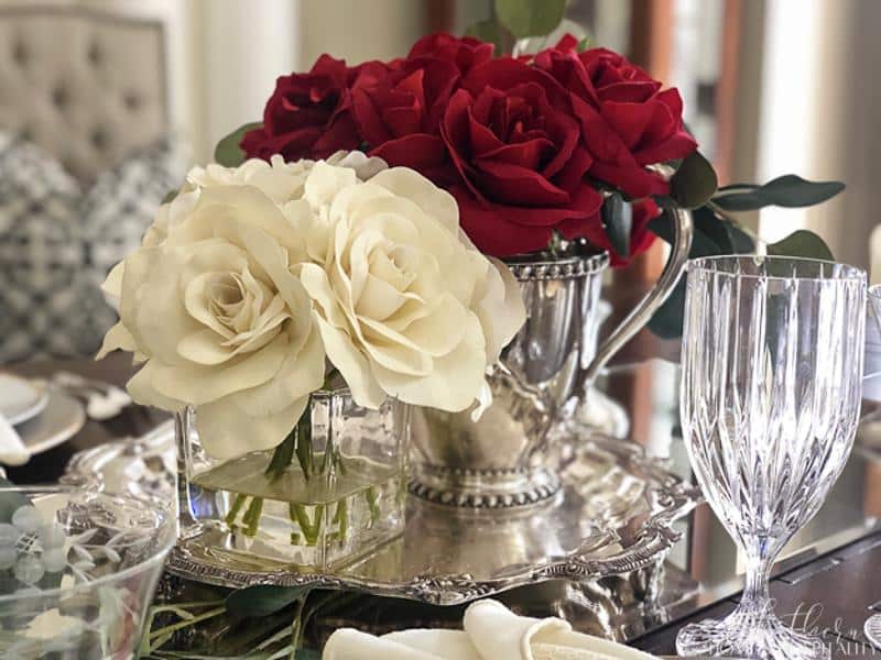 Red and white roses and silver in a Valentine's Day centerpiece