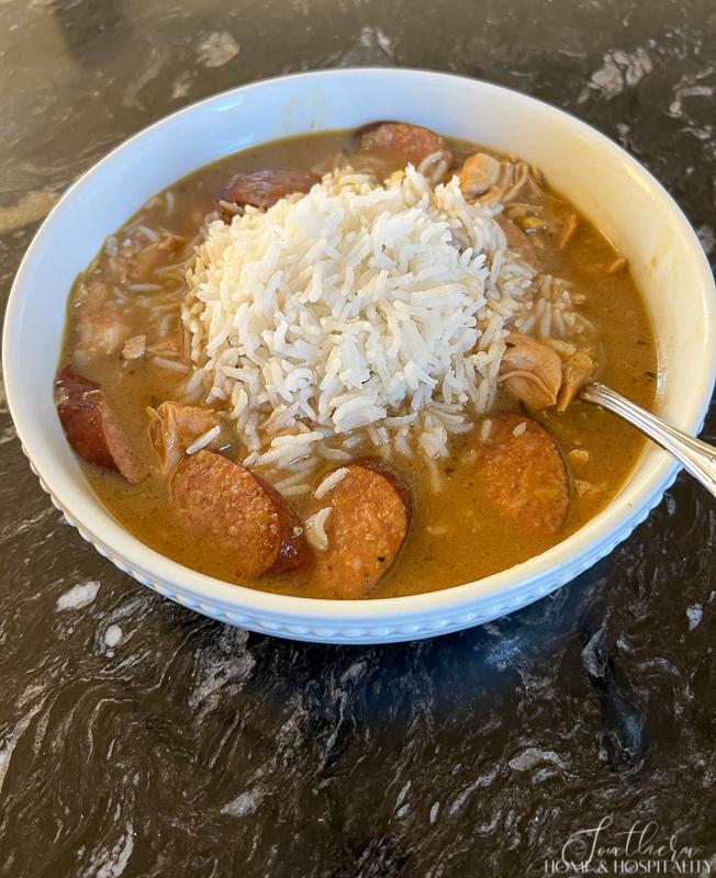 Chicken and Sausage Gumbo in a bowl with rice