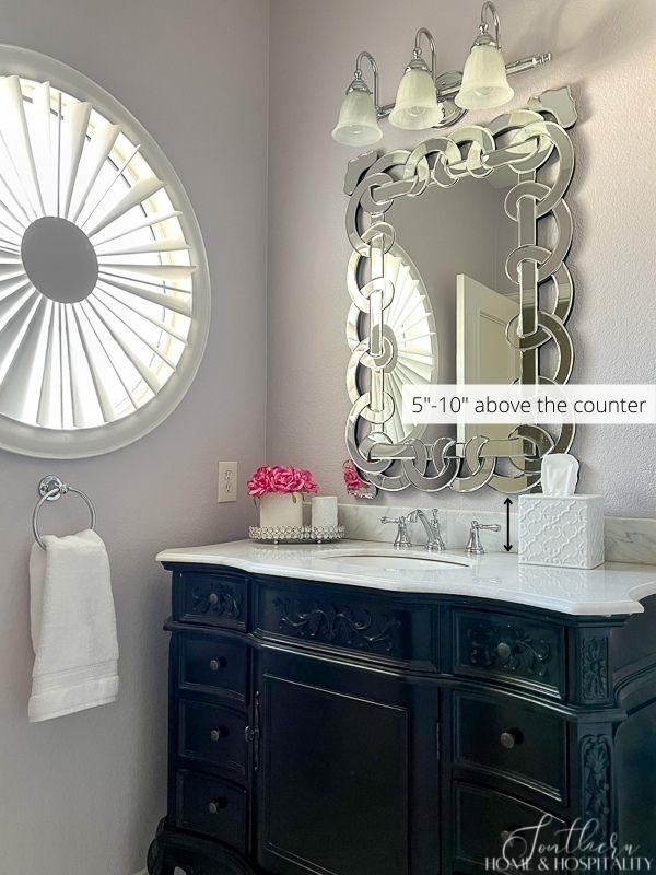 decorative vanity mirror over furniture vanity, height of vanity mirror, lavender walls in bathroom