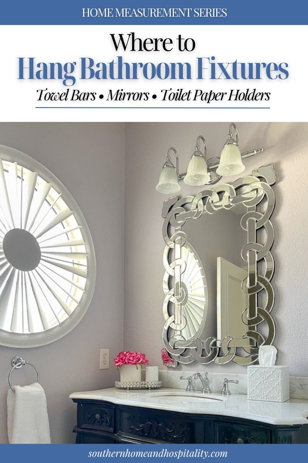 Decorative bathroom vanity with an ornate framed mirror above a sink and guidance on where to hang bathroom fixtures, including towel bars, towel rings, vanity mirrors, and toilet paper holders.