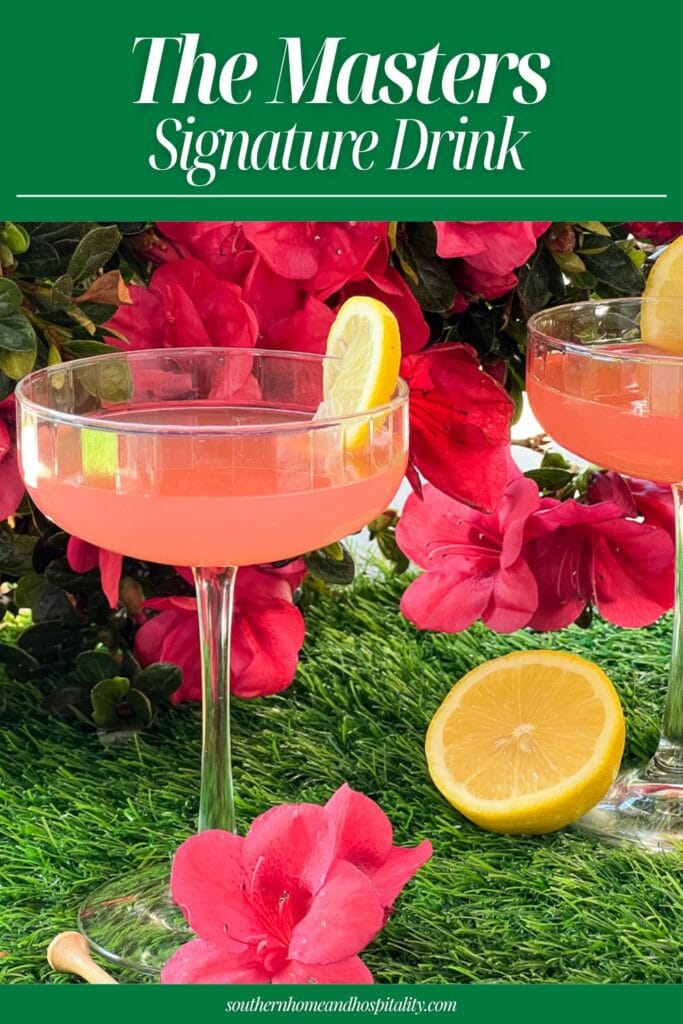Masters Azalea cocktail recipe made with vodka, lemonade, and grenadine served in a coupe glass with lemon garnish for a spring golf party drink