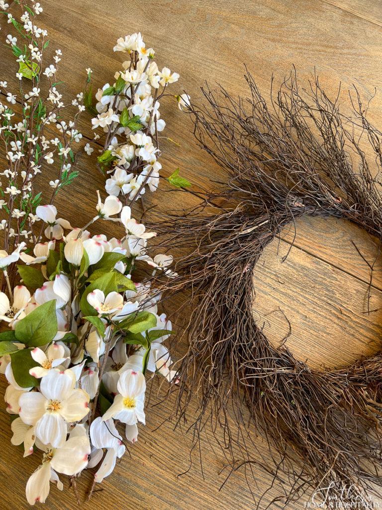 flower stems and wreath supplies to make spring wreath