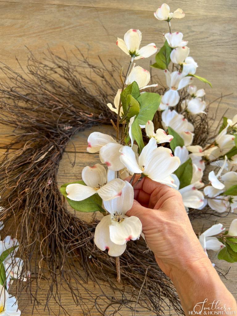 faux dogwood stems to make spring wreath