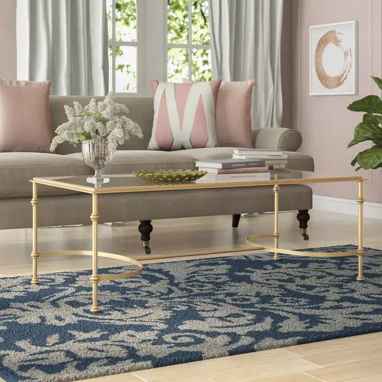 Gold and glass rectangle coffee table with bamboo leg detail