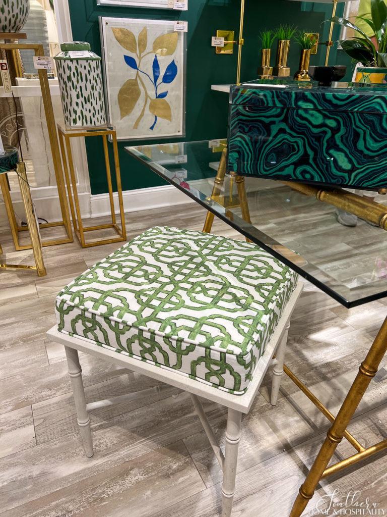 green and white lattice ottoman with bamboo legs