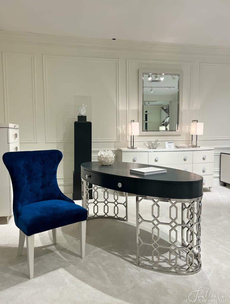 Bernhardt modern glam desk with silver fretwork and blue velvet chair