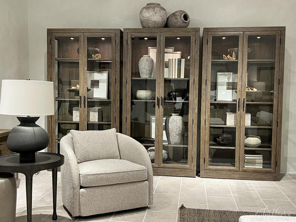Bernhardt display cabinets and boucle chair