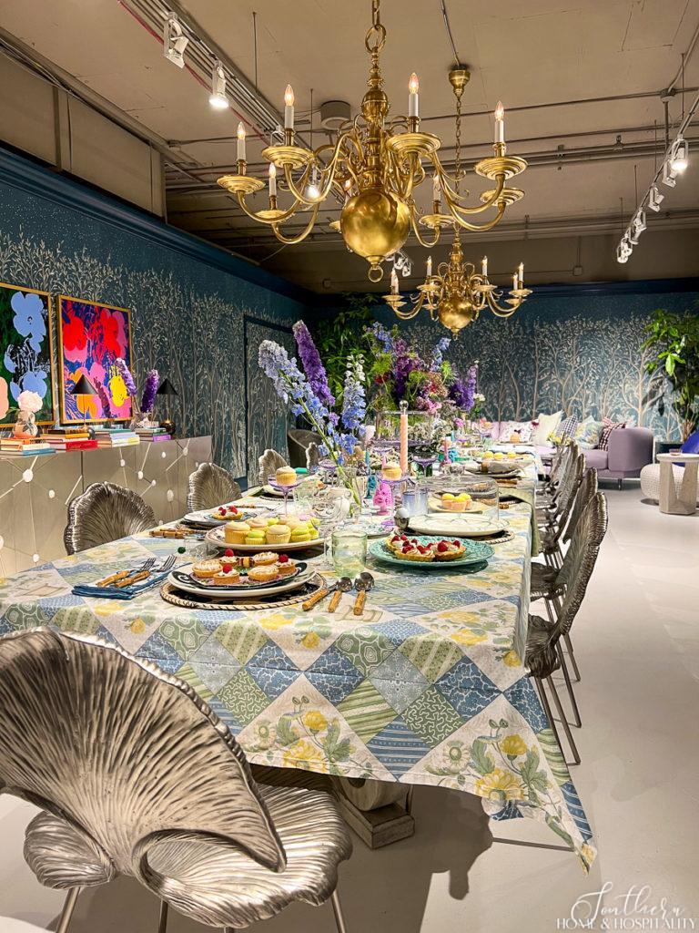 Colorful spring dining table at Bernhardt showroom at High Point Market