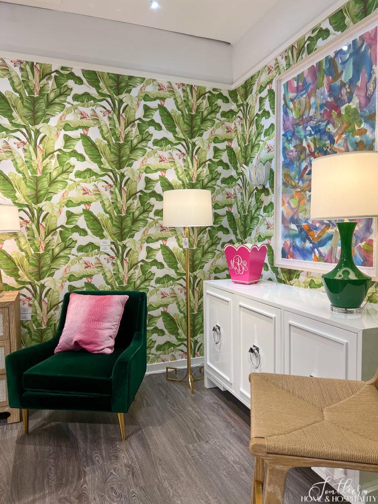 Green, pink, and white furniture, accessories, and wallpaper
