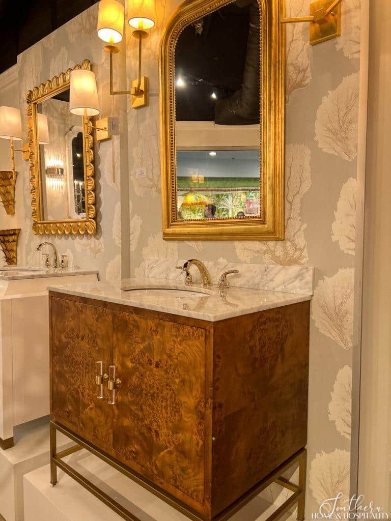 Wallpaper and freestanding bathroom vanity