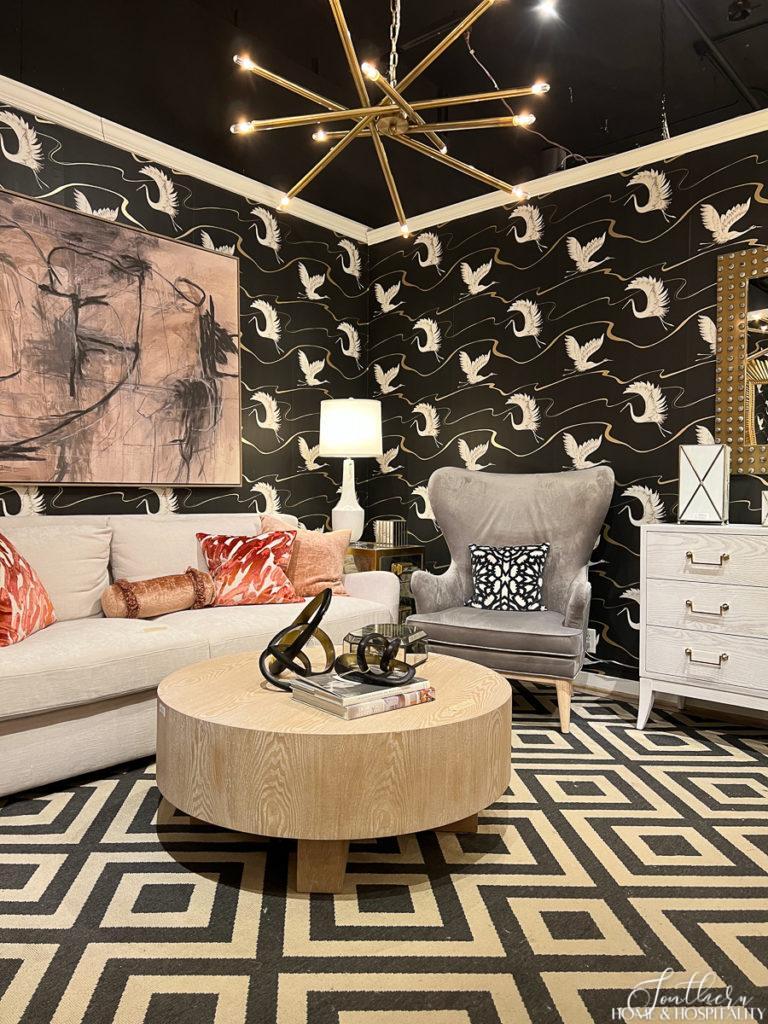 Black and white crane wallpaper in modern room setting