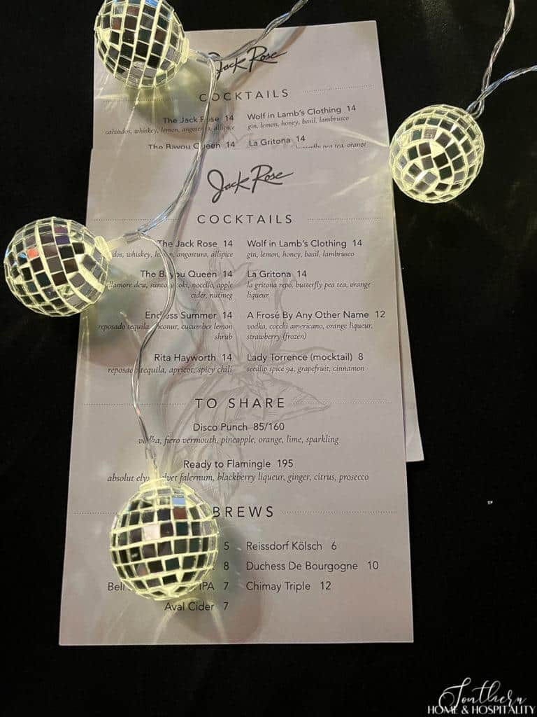 Jack Rose cocktail menu with disco ball lights