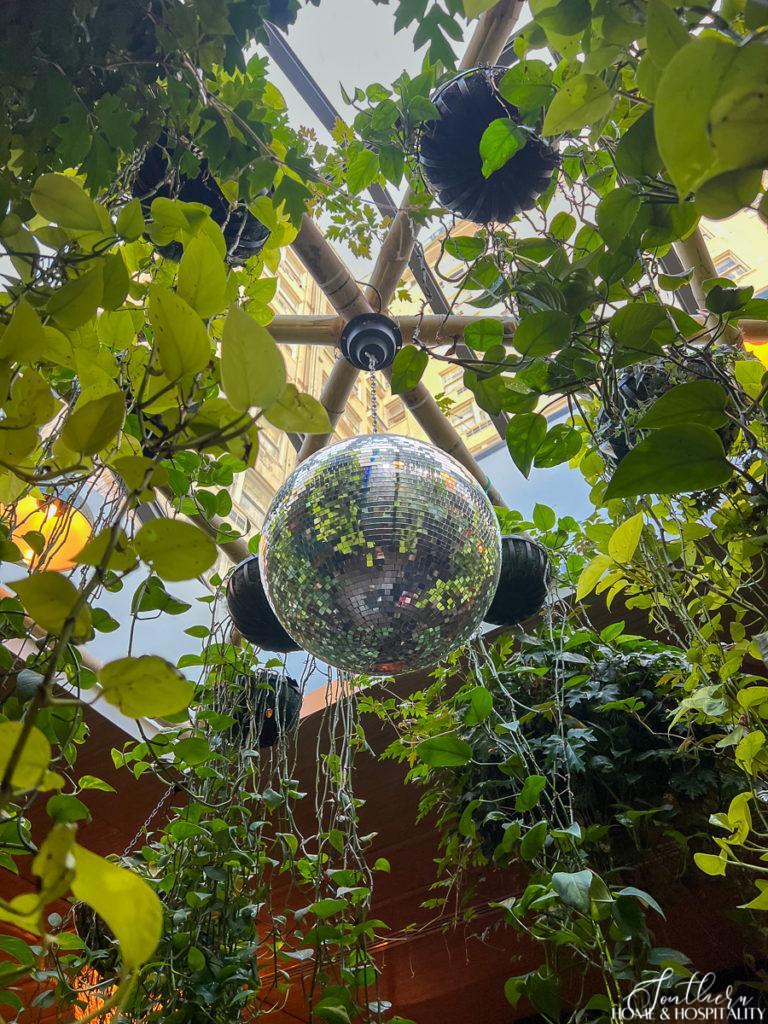 Disco ball and green trailing plants at Jack Rose restaurant