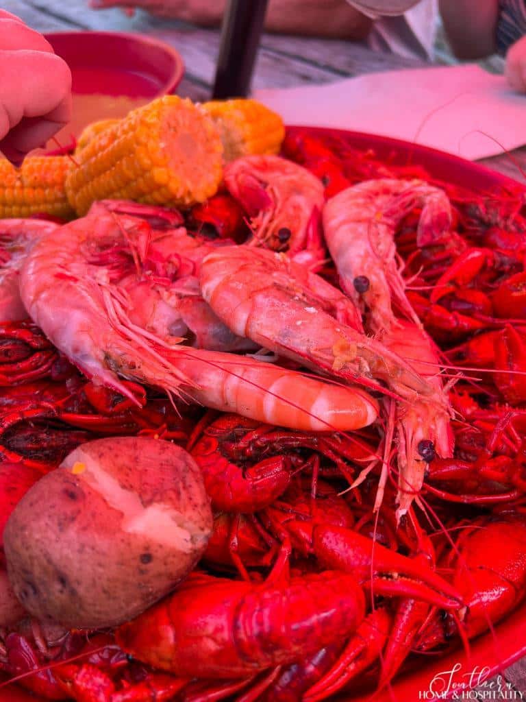 crawfish and shrimp with potatoes and corn
