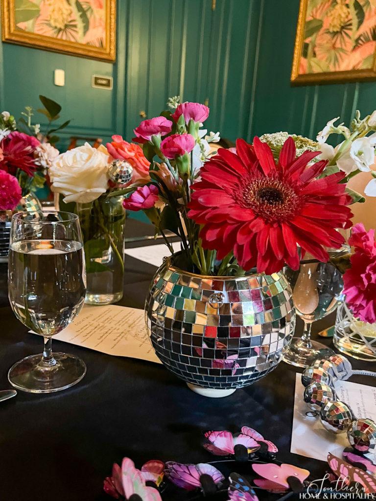 Disco ball vase with flowers at Jack Rose restaurant
