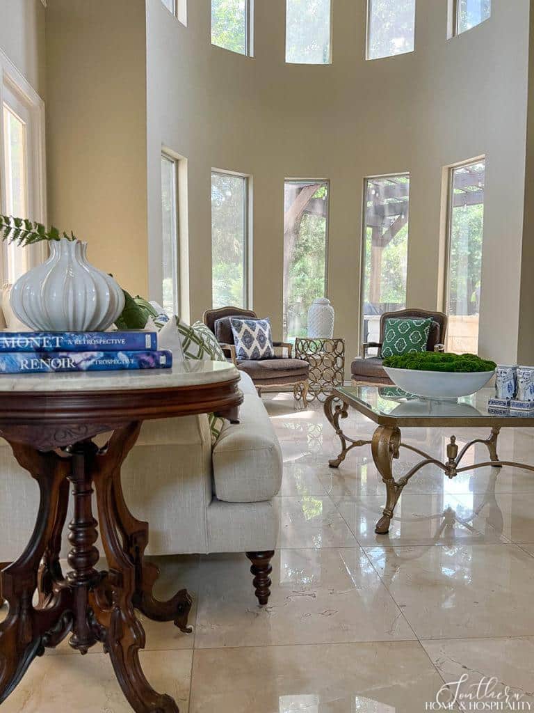 heirloom vintage French marble top table in living room