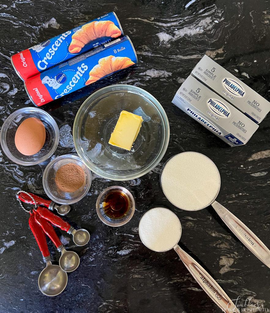 ingredients for sopapilla cheesecake bars with Pillsbury crescent rolls and Philadelphia cream cheese