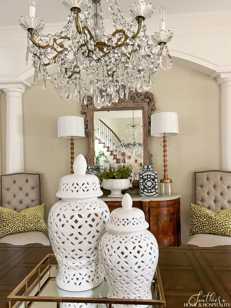 White ginger jar accessories on dining table
