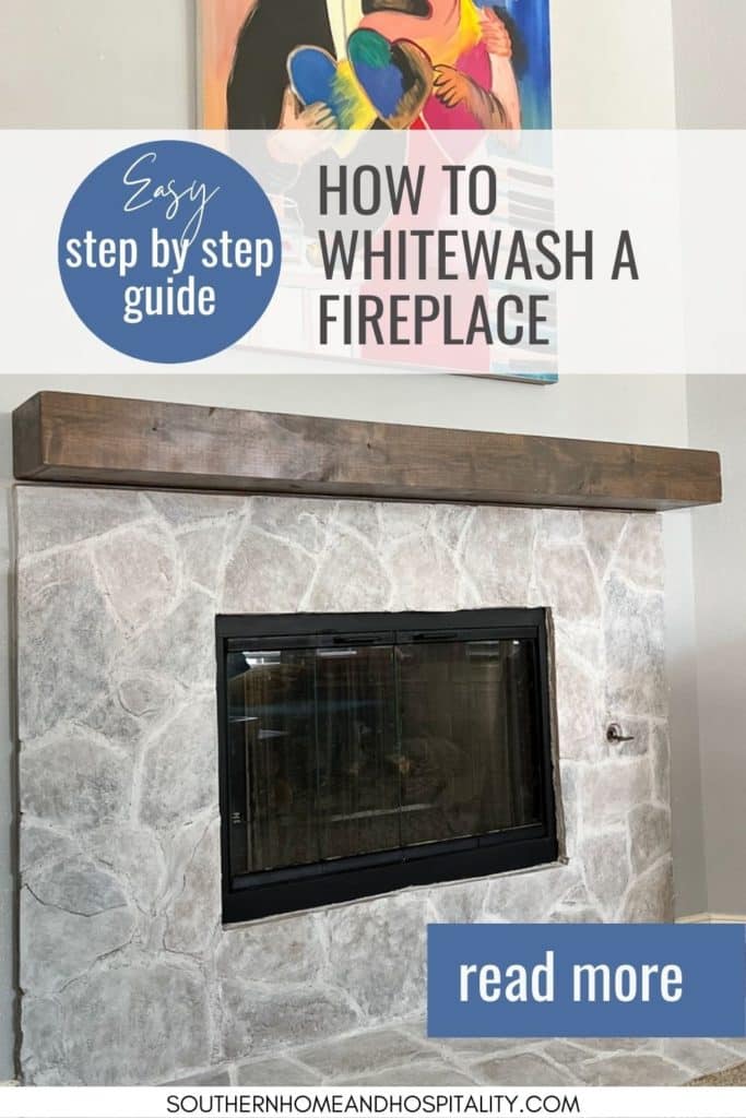 How to whitewash a fireplace guide Pinterest graphic