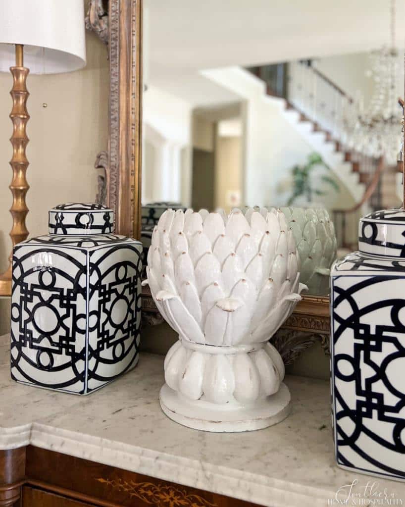 artichoke planter painted to look like white ceramic glazed pottery